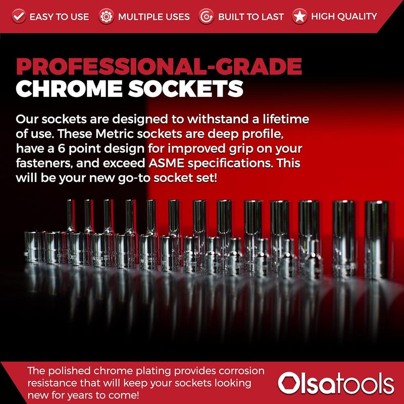 Olsa Tools Metric Deep Socket Set - 1/4-Inch Drive, 14pc - 6-Point Chrome Sockets from 4mm–15mm and No Skipped Sizes - Mechanic Deep Metric Socket Set - Professional Grade Long Sockets - Part: 1327 - Image 5