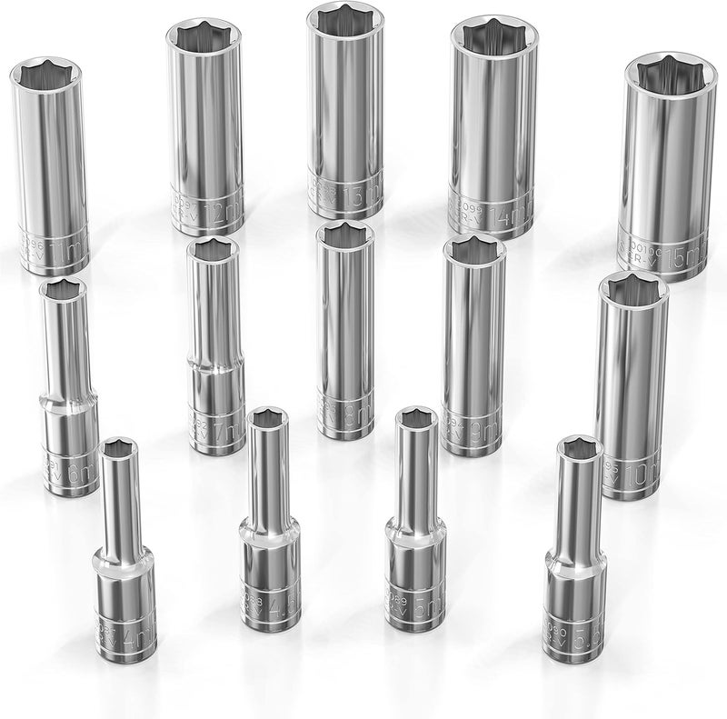 Olsa Tools Metric Deep Socket Set - 1/4-Inch Drive, 14pc - 6-Point Chrome Sockets from 4mm–15mm and No Skipped Sizes - Mechanic Deep Metric Socket Set - Professional Grade Long Sockets - Part: 1327 - Image 1