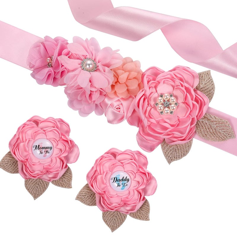 SAVITA Mommy to Be Sash Floral Boho Mom to Be Sash for Baby Shower with Mom to Be Corsage Pin Set Pink Mom to Be Sash and Pin Pregnancy Sash Boho Baby Shower Decorations for Girl and Boy - Image 1