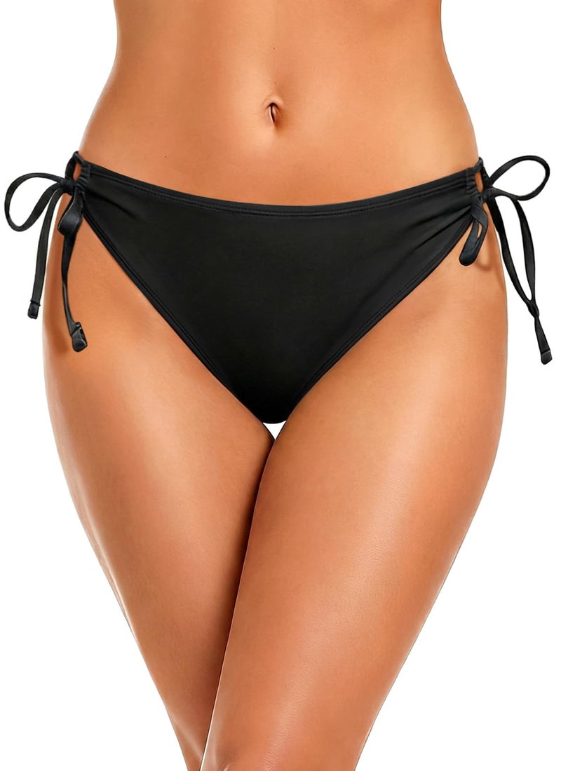 Zmart String Tie Side Bikini Bottoms - Women Full Coverage Swimsuit Bottom Mid Rise Mid Waist Swim Bathing Suit Bottom Black L - Image 1