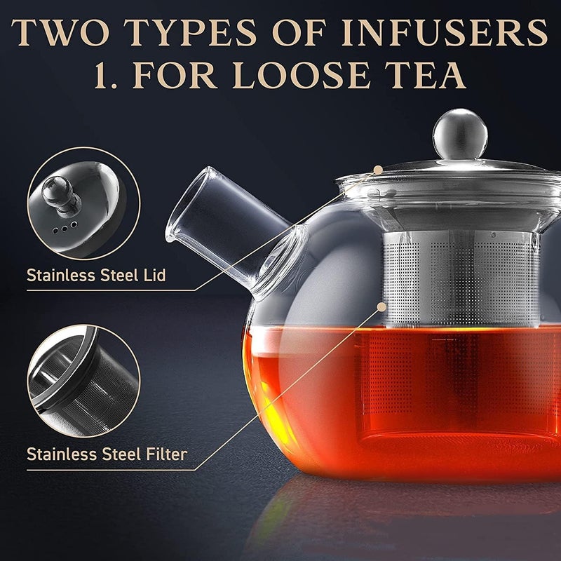 KRUPAVI 1000ml Glass Teapot with Removable Infuser Stovetop Safe Tea Kettle Blooming and Loose Leaf Tea Maker Set Transparent - Image 3