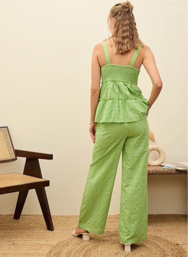 ساسافراس طقم بلوزة وبنطلون بالازو قطن مطرز باللون الأخضر - Image 4