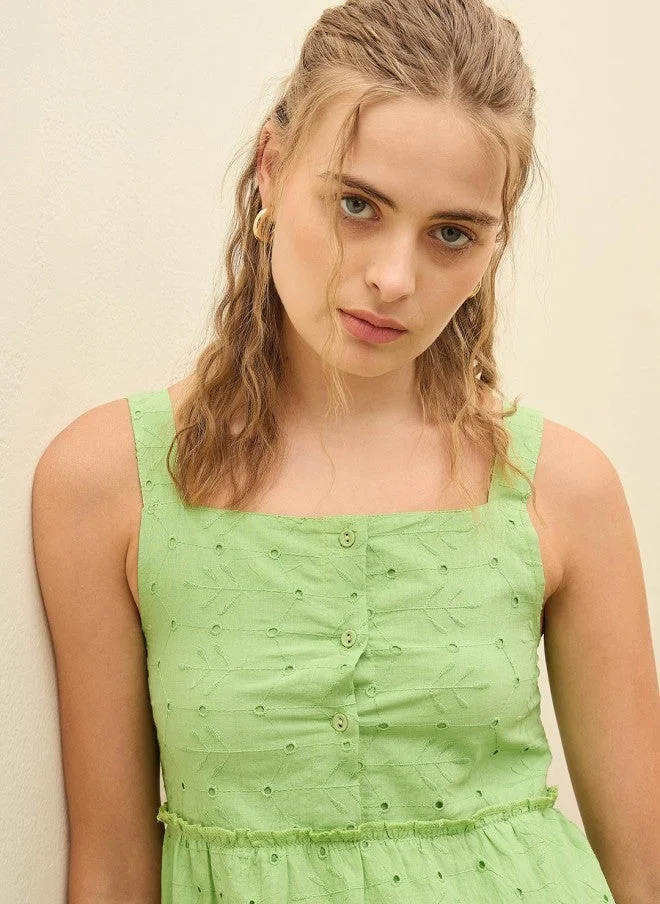 SASSAFRAS Schiffli Embroidered Green Cotton Top And Palazzo Set