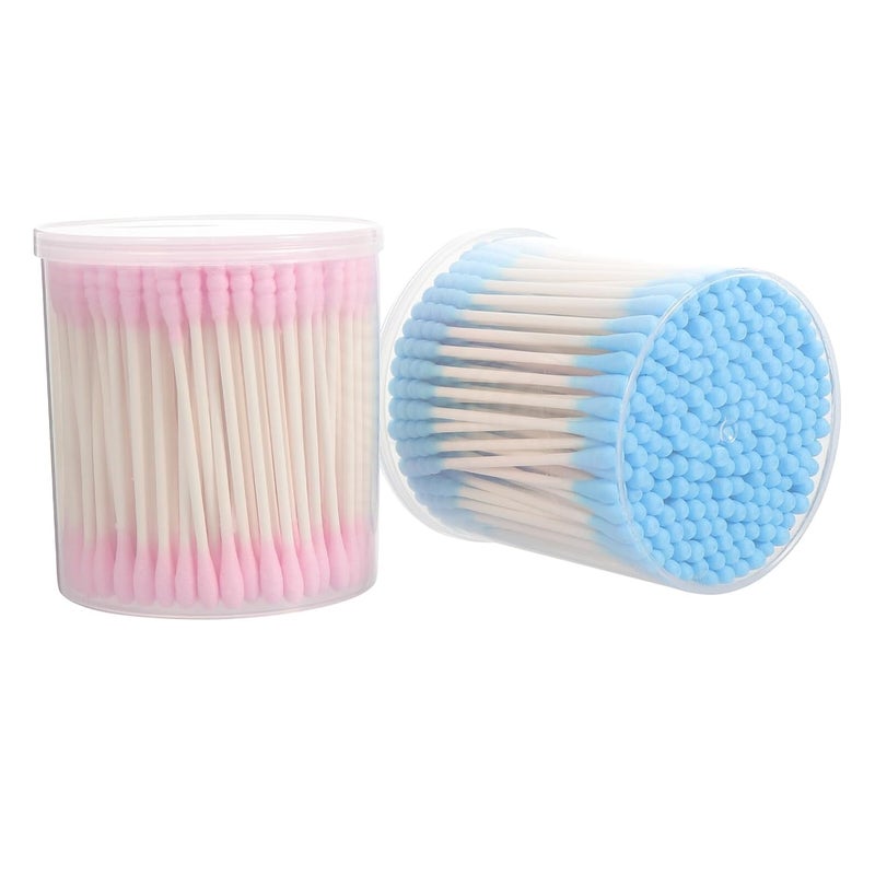 مسحات قطنية مزدوجة الأطراف للتجميل 400 قطعة بأطراف مدببة ومستديرة لمكياج تمديد الرموش أزرق ووردي - Image 1