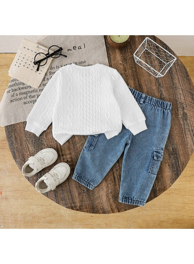 Smarties AE Baby Boys 2-Piece Outfit Set – Cable Knit Long Sleeve Sweatshirt with Denim Cargo Jogger Pants – Casual Winter Clothing Set for Toddlers (18-36 Months) - Image 3