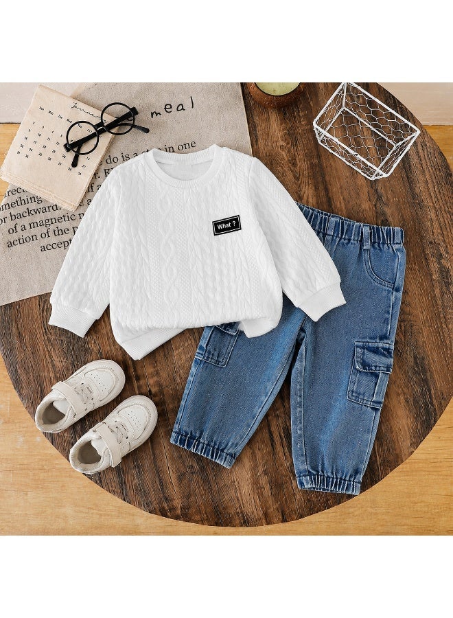 Smarties AE Baby Boys 2-Piece Outfit Set – Cable Knit Long Sleeve Sweatshirt with Denim Cargo Jogger Pants – Casual Winter Clothing Set for Toddlers (18-36 Months) - Image 2