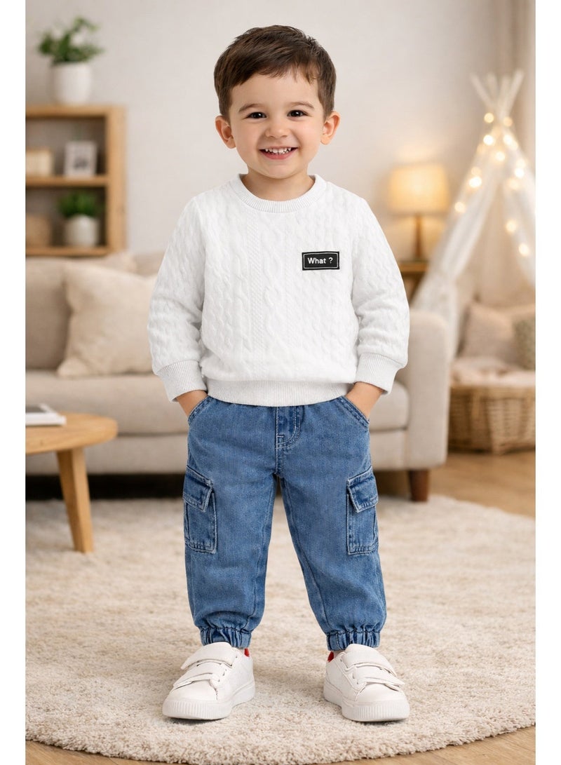 Smarties AE Baby Boys 2-Piece Outfit Set – Cable Knit Long Sleeve Sweatshirt with Denim Cargo Jogger Pants – Casual Winter Clothing Set for Toddlers (18-36 Months) - Image 1