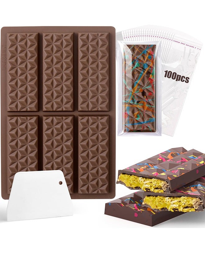 6 Cavities Chocolate Bar Mold Deep with Bags Scraper, Thick Chocolate Bar Mold for Stuffed Bar, Silicone Chocolate Mold for Filling Knafeh Pistachio Chocolate Bar - Image 1
