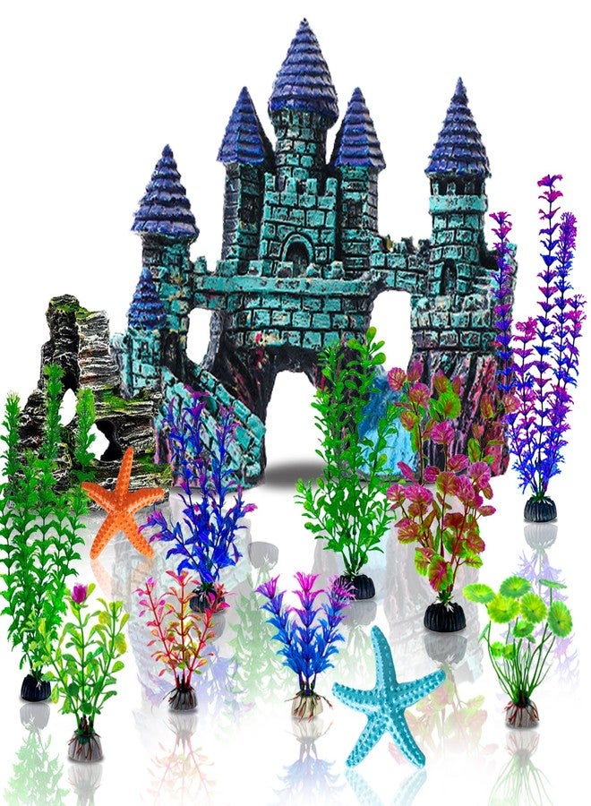 Mechpia 13 Pieces Aquarium Decorations Kit, Fish Tank Decorations Set Small Resin Castle and Rockery Betta Fish Cave Hideout Coral Artificial Plastic Plants Ornament Accessories
