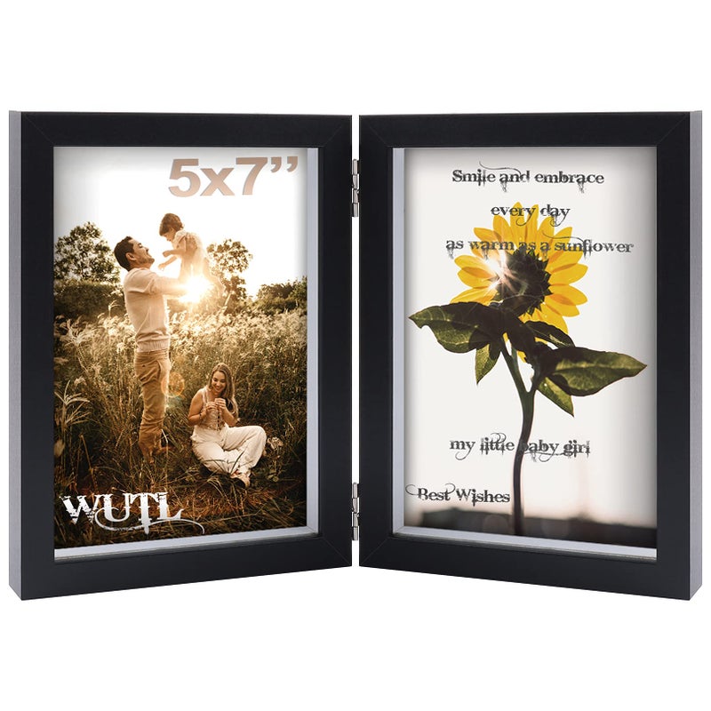 5x7 Picture Frames Double Hinged MDF Wood Black Shadow Box with Glass Front Stand Vertical on Tabletop