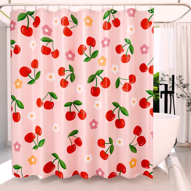 Anybar Fabric Shower Curtain Cute Floral Cherry Curtains Waterproof Soft Polyester Bathroom Curtain- Decorative Washable Privacy Cloth Shower Curtain for Bathroom Hotel (72x72inch) Pink - Image 1