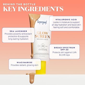 Supergoop سوبرغوب جلو سكرين SPF 30 توهج الساعة الذهبية برونز جلو 17 أونصة سائلة برايمر متلألئ واقي شمس ملون ترطيب حمض الهيالورونيك - Image 5