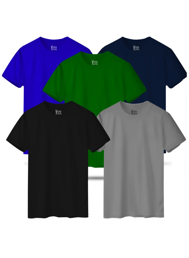 Yoo Street Bundle of 5 Classic T-Shirts - BLACK GRAY GREEN BLUE NAVY BLUE