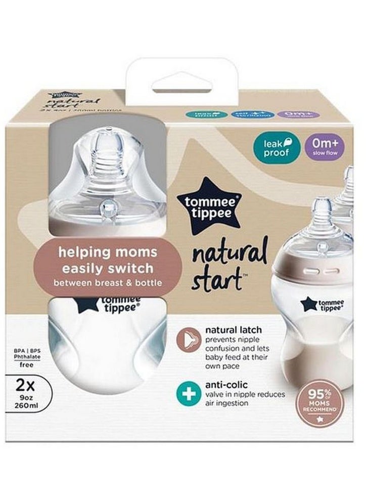 tommee tippee Natural Start Baby Feeding Bottles Slow Flow Breast Like Teats Anti Colic Valve Soft Silicone Nipple BPA Free 0M + 2 x 260 ML White