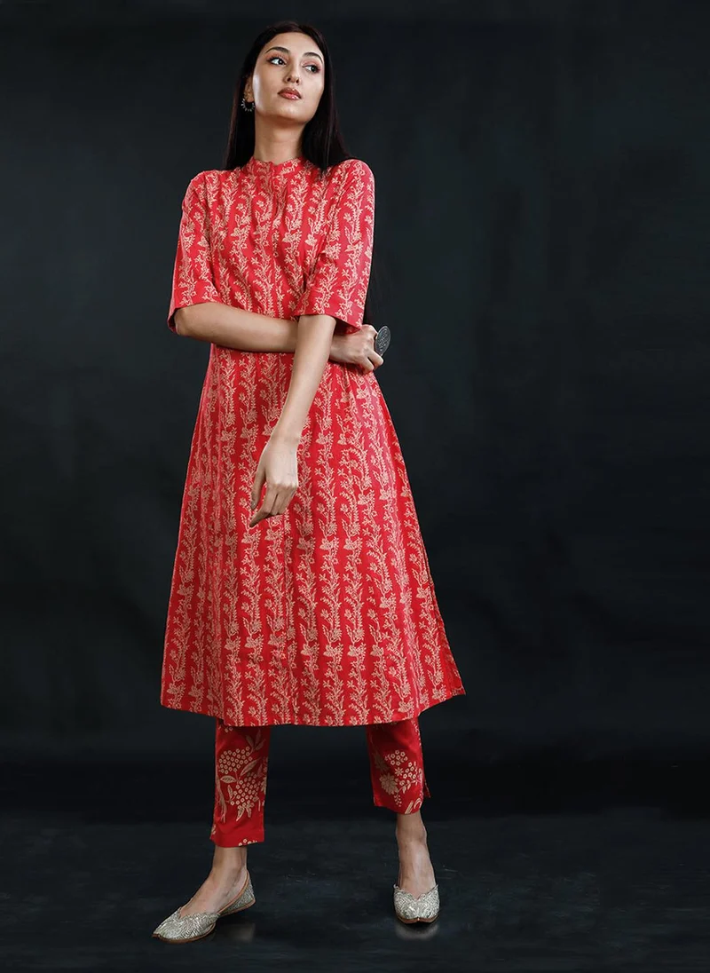 ZERESOUQ Tart Red Cotton Printed Mandarin Kurta & Pant