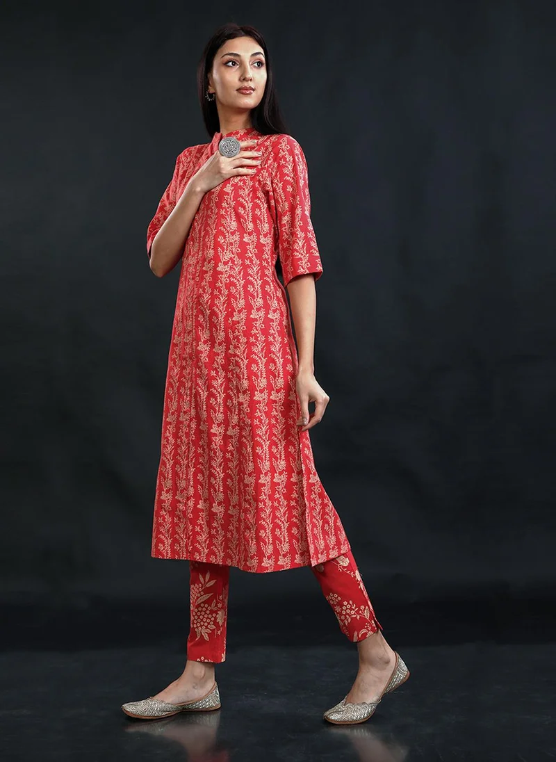 ZERESOUQ Tart Red Cotton Printed Mandarin Kurta & Pant