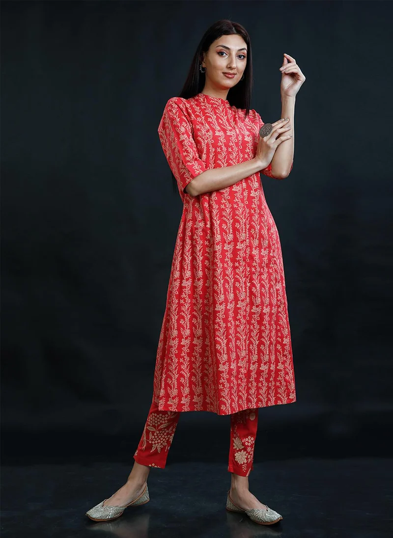 ZERESOUQ Tart Red Cotton Printed Mandarin Kurta & Pant