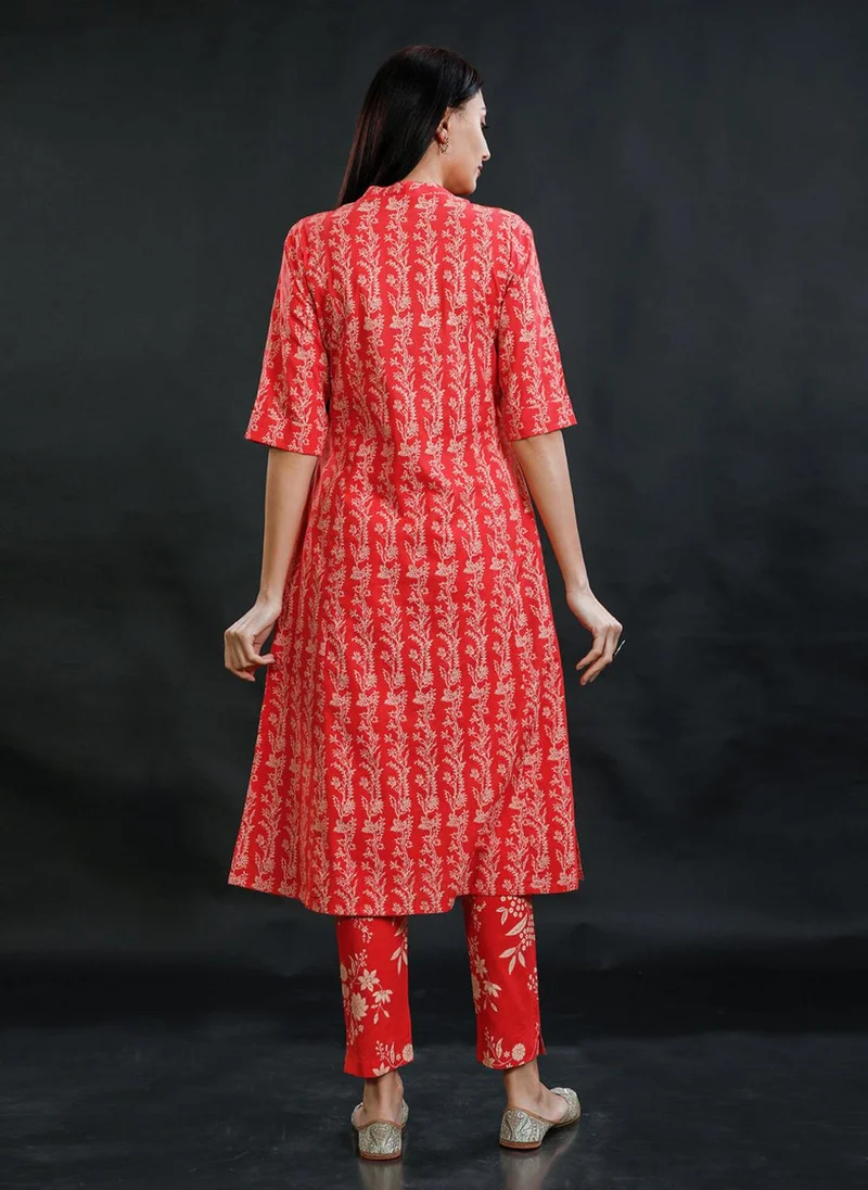 ZERESOUQ Tart Red Cotton Printed Mandarin Kurta & Pant