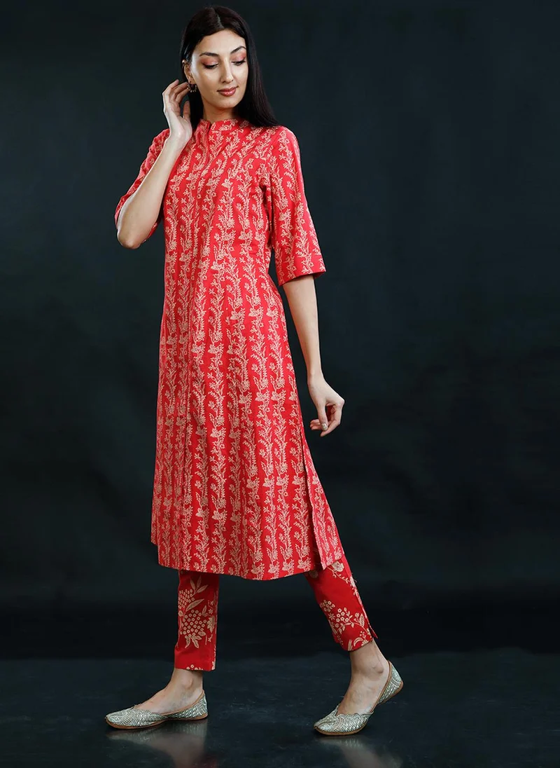 ZERESOUQ Tart Red Cotton Printed Mandarin Kurta & Pant