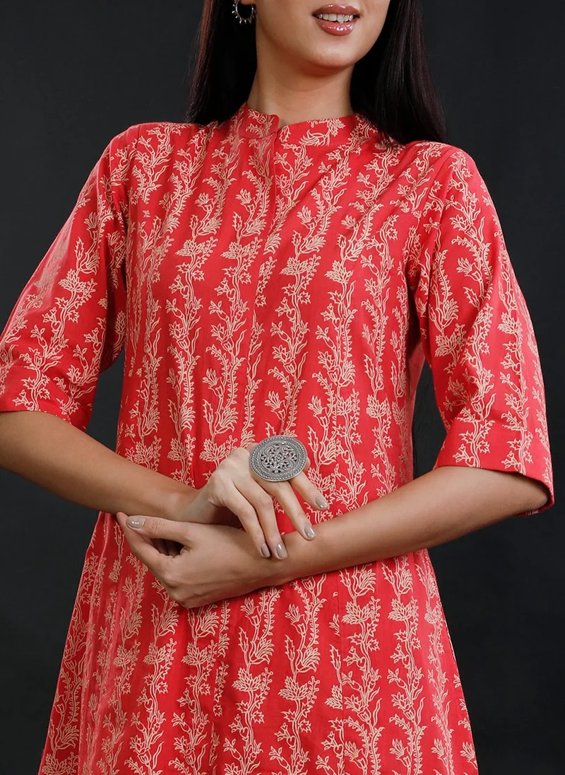 ZERESOUQ Tart Red Cotton Printed Mandarin Kurta & Pant