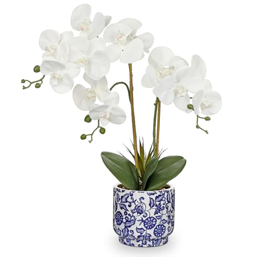 Briful Orchid Artificial Flowers 196in White Orchid Silk Floral Arrangement with Blue and White Ceramic Pot Fake Orchid Plant for Home Office Dining Room Table Centerpiece Decor - Image 1