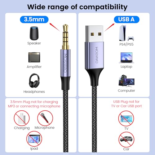 MOSWAG USB to 35mm USB to Audio Jack Adapter with Microphone PC Laptop to 35mm Male AUX Stereo Audio Converter Cord Nylon Braided Cord Headphone AUX Cable for PC Laptop Windows Home Stereo - Image 3