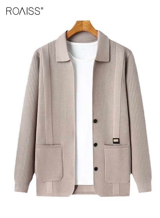 رويس سترة كارديجان محبوكة بحافة مضلعة للرجال لفصل الربيع والخريف، ياقة أنيقة، سترة كارديجان كاجوال بأزرار للرجال، جيوب متعددة للارتداء اليومي في العمل - Image 1