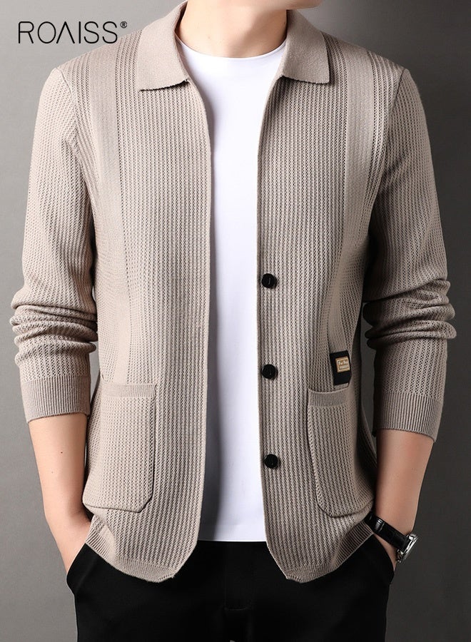 رويس سترة كارديجان محبوكة بحافة مضلعة للرجال لفصل الربيع والخريف، ياقة أنيقة، سترة كارديجان كاجوال بأزرار للرجال، جيوب متعددة للارتداء اليومي في العمل - Image 2
