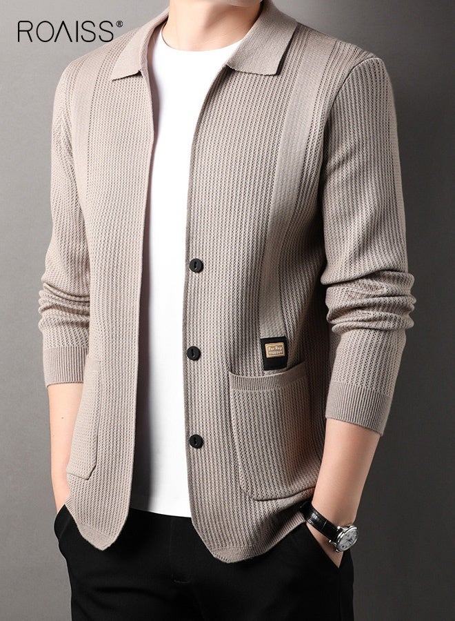 رويس سترة كارديجان محبوكة بحافة مضلعة للرجال لفصل الربيع والخريف، ياقة أنيقة، سترة كارديجان كاجوال بأزرار للرجال، جيوب متعددة للارتداء اليومي في العمل - Image 3