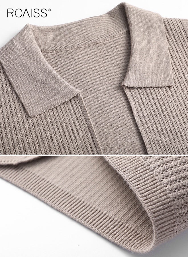 رويس سترة كارديجان محبوكة بحافة مضلعة للرجال لفصل الربيع والخريف، ياقة أنيقة، سترة كارديجان كاجوال بأزرار للرجال، جيوب متعددة للارتداء اليومي في العمل - Image 4