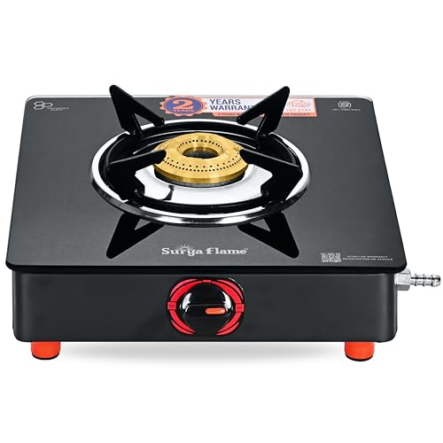 Surya Flame LPG Gas Stove Single Burner Glass Top with Brass Burner, Premium Toughened Glass & Powder Coated Body for Modular Kitchen, ISI Certified & 2 Years Warranty with Doorstep Service - Image 1