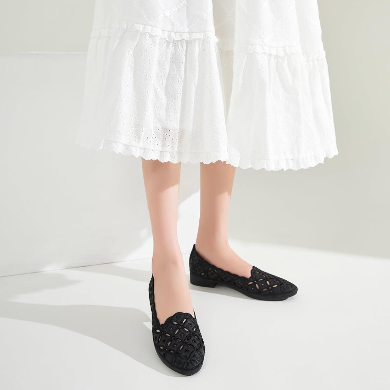 BABUDOG Womens Flats,Black and White Dress Flats with Flower Eyelets,Breathable Ballet Flats(Black.US8) - Image 3