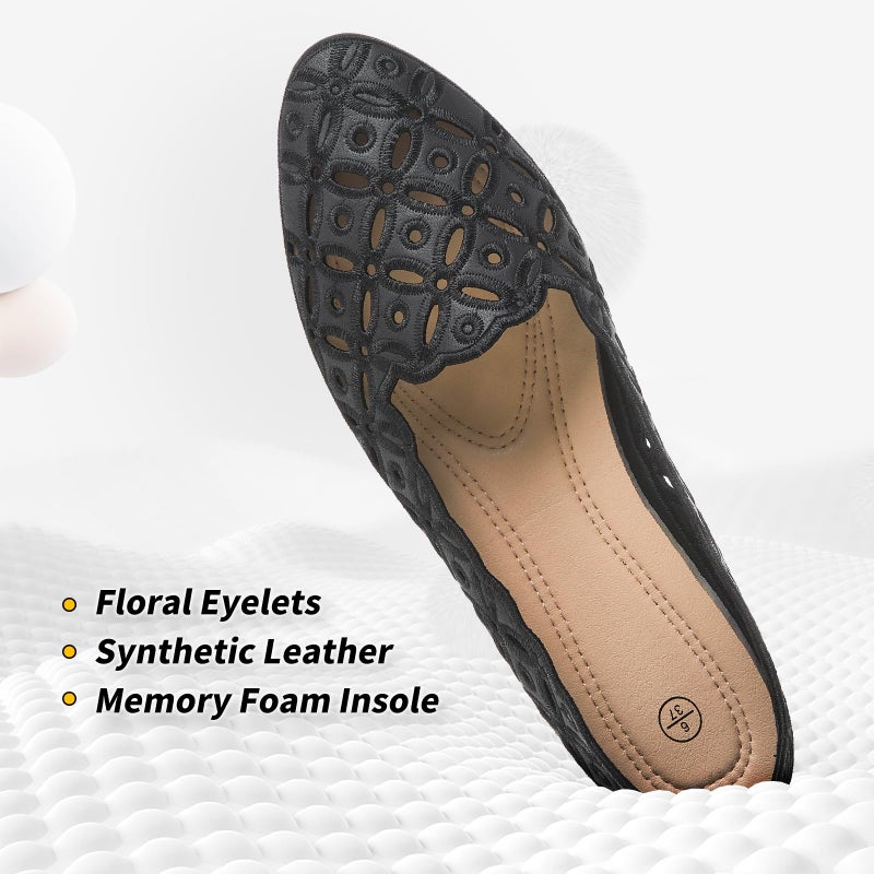 BABUDOG Womens Flats,Black and White Dress Flats with Flower Eyelets,Breathable Ballet Flats(Black.US8) - Image 4