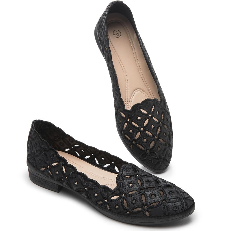 BABUDOG Womens Flats,Black and White Dress Flats with Flower Eyelets,Breathable Ballet Flats(Black.US8) - Image 1