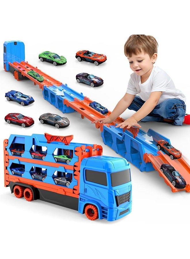 YelaJoy Toddler Transport Truck Toy for 3+ Years Old Boys, 64-Inch Foldable Car Race Track for Boys Kids, 7 in 1 Die-Cast Car Carrier Truck Toy for Boys and Girls Gift - Image 1