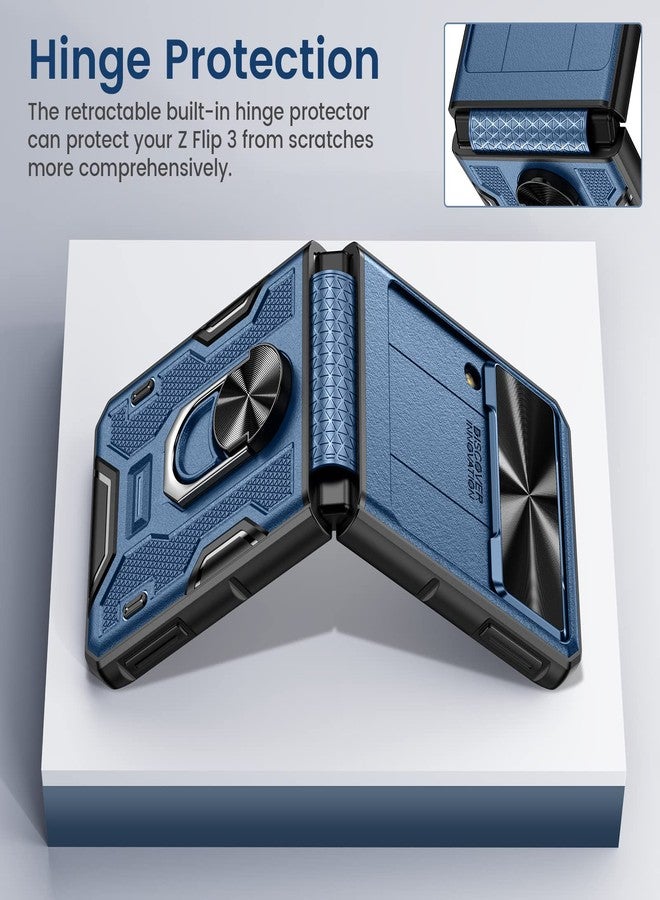 VEGO for Galaxy Z Flip 3 Case with Stand, Slide Camera Cover Hinge Protection 360°Rotate Ring Magnetic Kickstand Military Grade Heavy Duty Protection Armor Cover -Dark Blue - Image 4