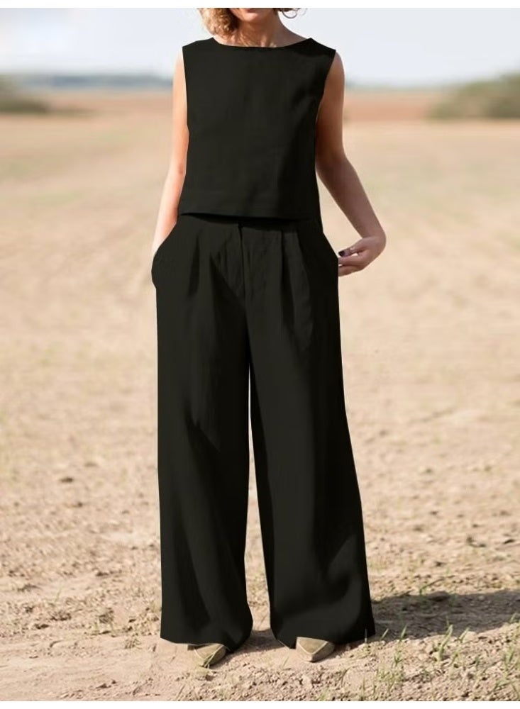 Barbora Linen Casual Sleeveless Top and Bottom Women's Set LN08SIYAH15 - Image 1