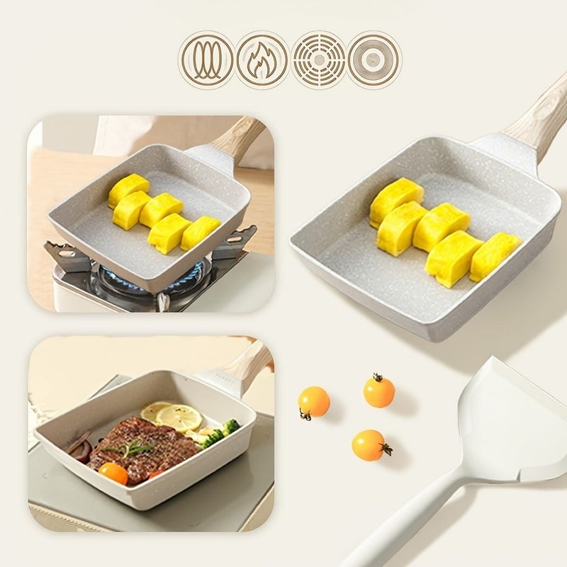 2 Piece Gray Artificial Jade Saucepan Nonstick Tamagoyaki Frying Pan Set With Trivet Japanese Style Egg Breakfast Pan Marble Coating Multi Functional Lightweight Easy Clean - Image 5