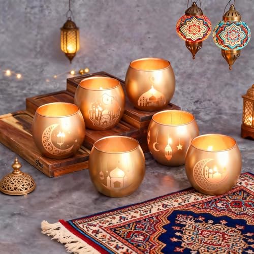 SHMILMH Gold Ramadan Decorations for Home Set of 6, Mosque & Crescent Moon Glass Tealight Candle Holders, Star & Lantern Votive Holders for Ramadan Table Decor, Elegant Eid Mubarak Islamic Gifts - Image 2