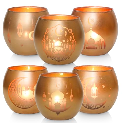 SHMILMH Gold Ramadan Decorations for Home Set of 6, Mosque & Crescent Moon Glass Tealight Candle Holders, Star & Lantern Votive Holders for Ramadan Table Decor, Elegant Eid Mubarak Islamic Gifts - Image 1