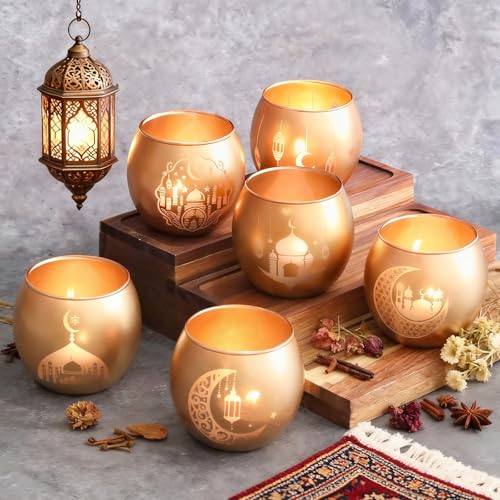 SHMILMH Gold Ramadan Decorations for Home Set of 6, Mosque & Crescent Moon Glass Tealight Candle Holders, Star & Lantern Votive Holders for Ramadan Table Decor, Elegant Eid Mubarak Islamic Gifts - Image 3