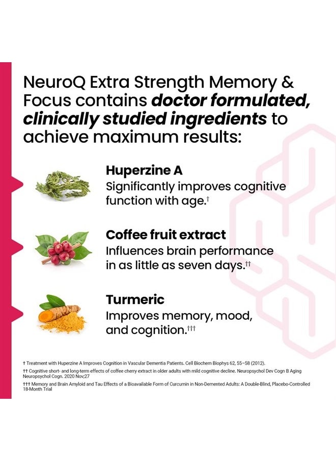 NeuroQ Memory & Focus Extra Strength - Boosts Cognitive Performance & Brain Function - Supports Neuroprotection & Concentration - Huperzine A, Gotu Kola, Ginkgo, Coffee Fruit & Propolis - 60 Capsules