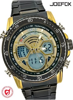 JoeFox Luxury Stainless Steel Men Fashion Watch Large Dual Display Stainless steel Steel Waterproof Watch  3 ATM Waterproof Quartz Digital and Analog Stopwatch Black Gold  - Image 1