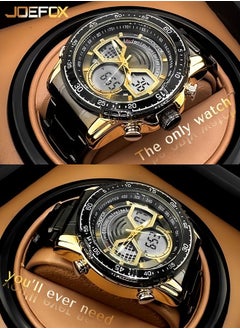 JoeFox Luxury Stainless Steel Men Fashion Watch Large Dual Display Stainless steel Steel Waterproof Watch  3 ATM Waterproof Quartz Digital and Analog Stopwatch Black Gold  - Image 2