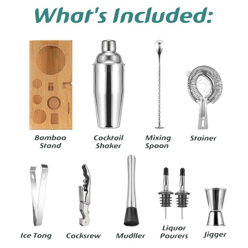 Semderm Cocktail Shaker Set, Mixology Bartender Kit 10-Piece Bar Tool Set with Stylish Bamboo Stand, Bar kit: Matini Shaker Mixing Spoon Muddler Jigger Cocksrew for Barware Set - Image 2