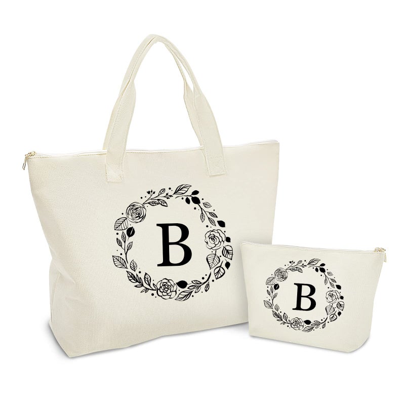 Binggemen Personalized Initial Canvas Tote Bag with Zipper Present Bag with Inner Pocket  Make Up Bag Great Gifts for Women Mom Teachers Friends Bridesmaids