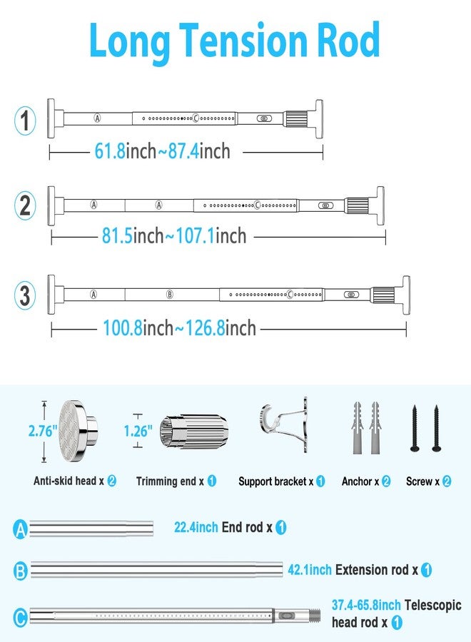 MEXAU Silver Shower Curtain Rod 41-126In(4-10Ft),Curtain Rods No Drilling,Heavy Duty Large Outdoor Tension Curtain Rod for Windows or Patio,1.26In Diameter Shower Rod - Image 2
