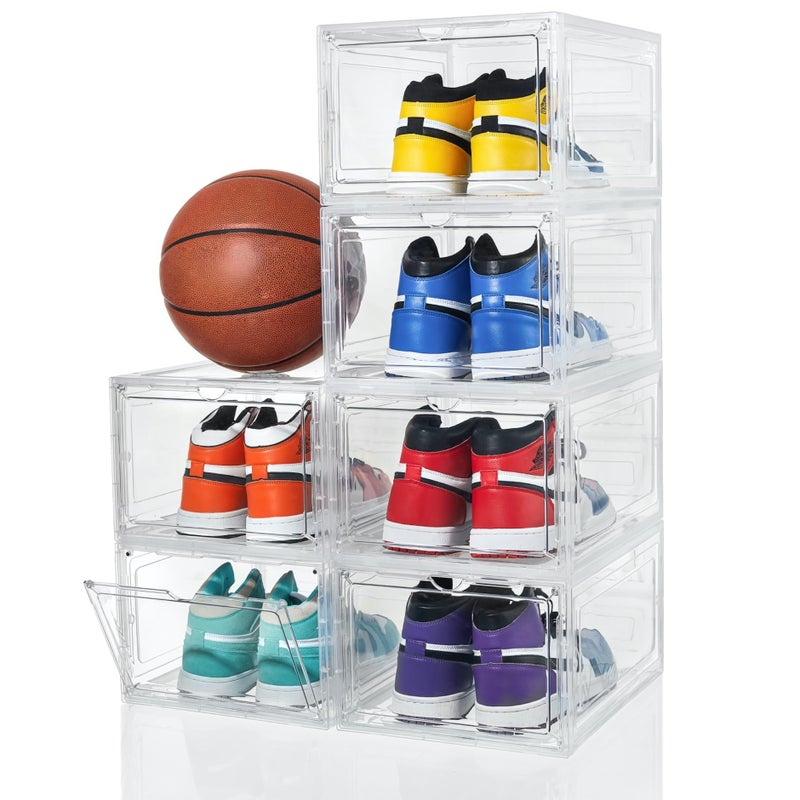 ZLLZUU Shoe Organizer Shoe Storage Boxes 6 Pack Large Drop Front Shoe Boxes with Magnetic Door Clear Plastic Stackable Shoe Containers Clear White