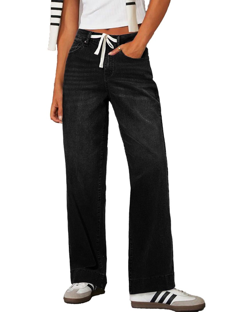 Sidefeel Jeans for Women Western Outfit High Waisted Drawstring Wide Leg Denim Pants Black Size 4 - Image 1