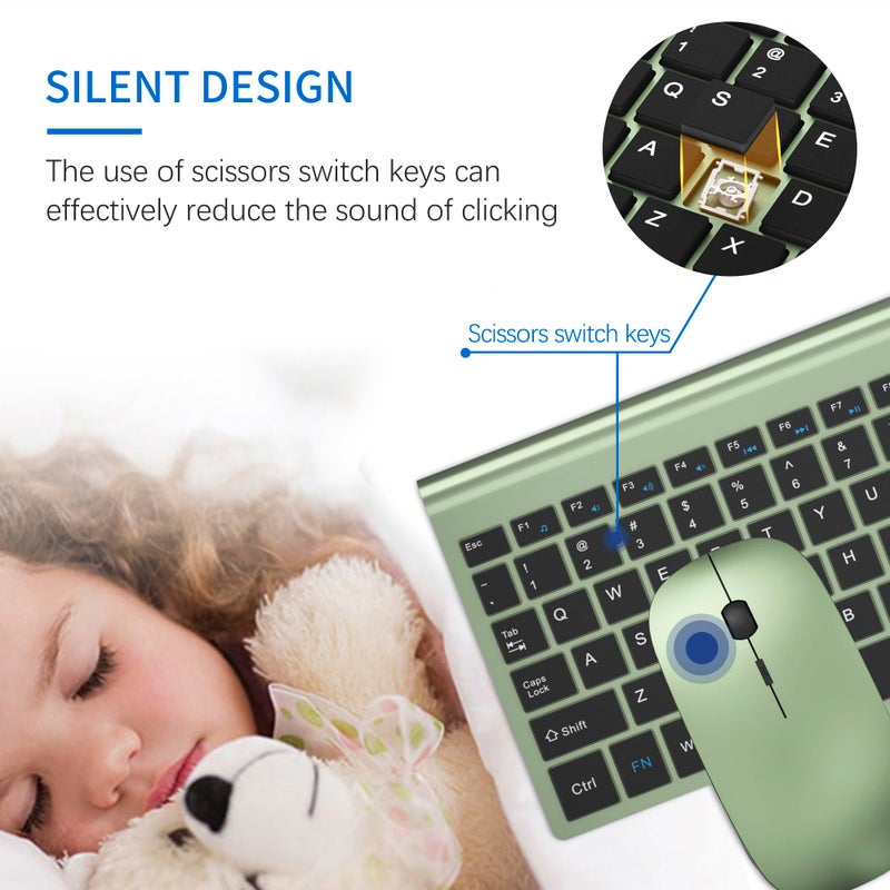 TopMate Wireless Keyboard and Mouse Ultra Slim Combo, TopMate 2.4G Silent Compact USB 2400DPI Mouse and Scissor Switch Keyboard Set with Cover, Batteries Included, for PC/Laptop/Windows/Mac - Green Black - Image 2